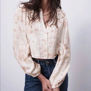 Zara Tie Dyed Ivory & Brown Boho Lace Crop Blouse Size Small NWT